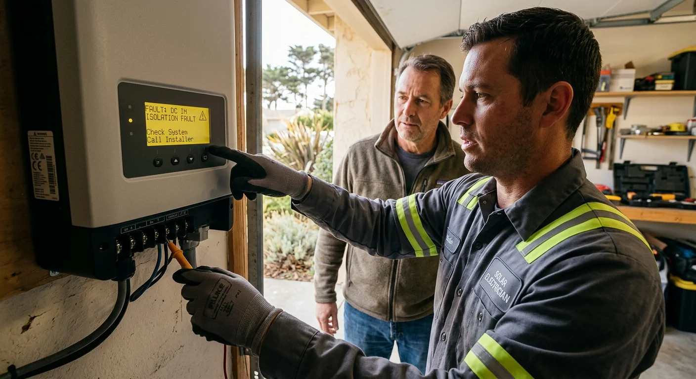 Close-up of a solar inverter display showing a fault warning during maintenance