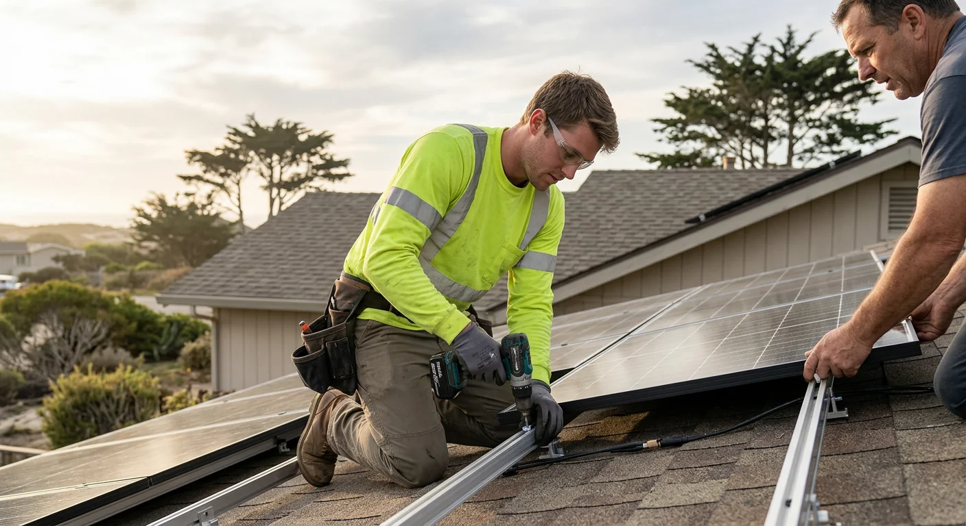 Installer checking inverter wiring and monitoring readings after a solar commissioning
