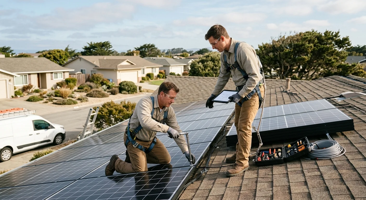 Solar technician reviewing rooftop panel layout on a Marina home during installation