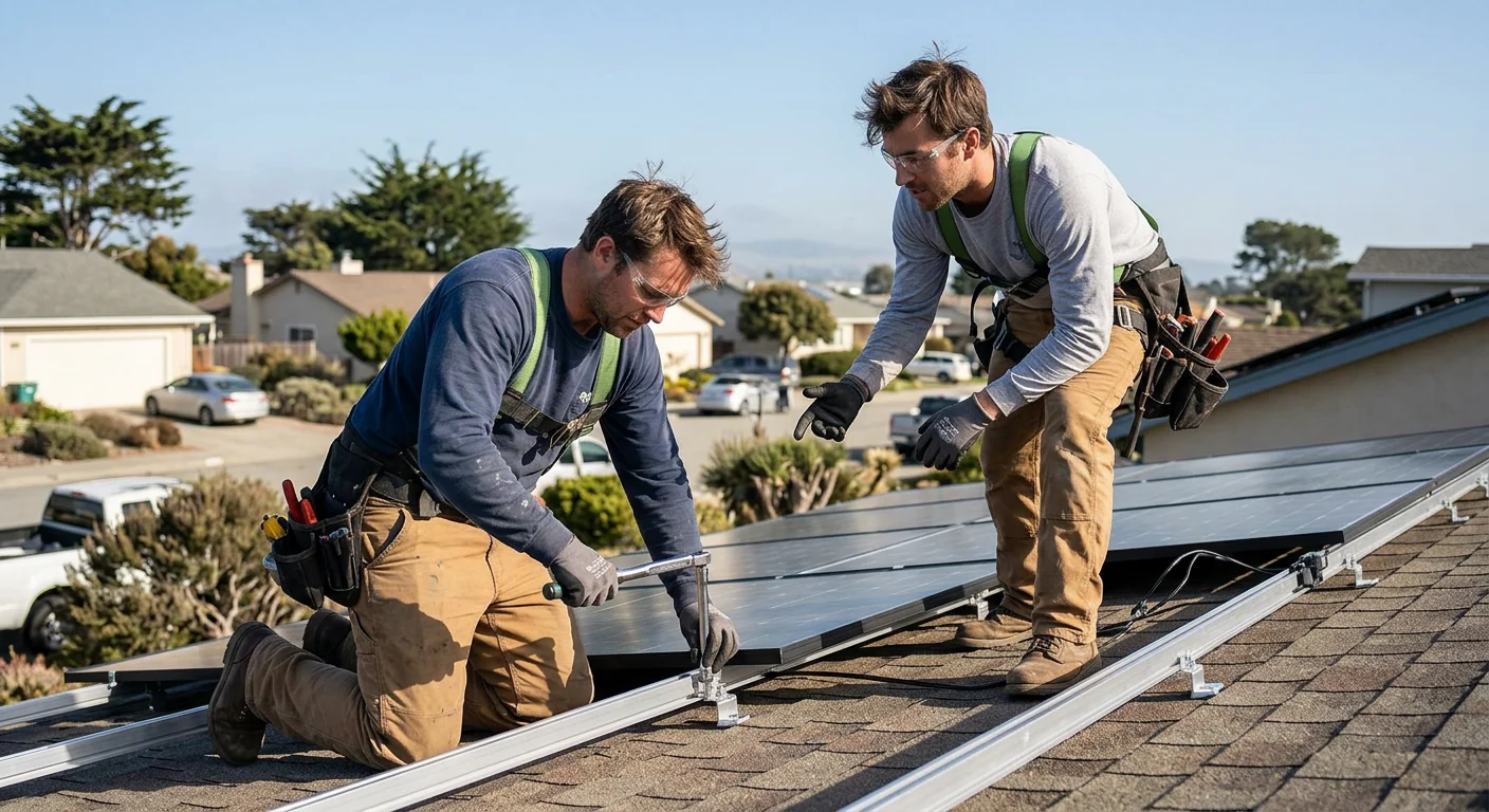 Solar technician reviewing rooftop panel checklist during a Marina home installation