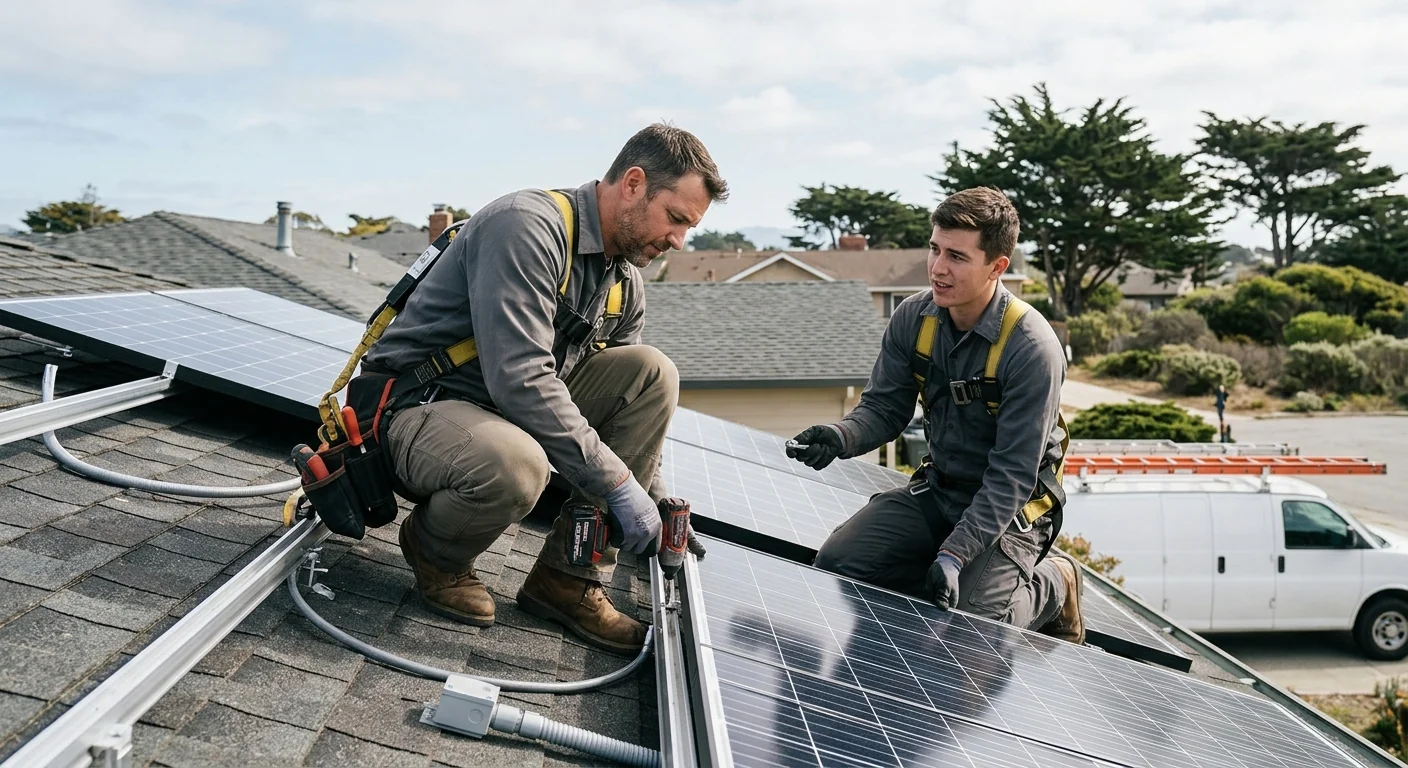 Solar technician inspecting rooftop panel array on a Marina coastal home