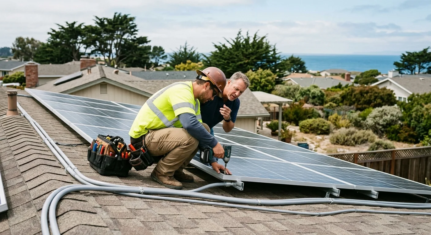 Technician checking solar inverter readings on a Marina home rooftop