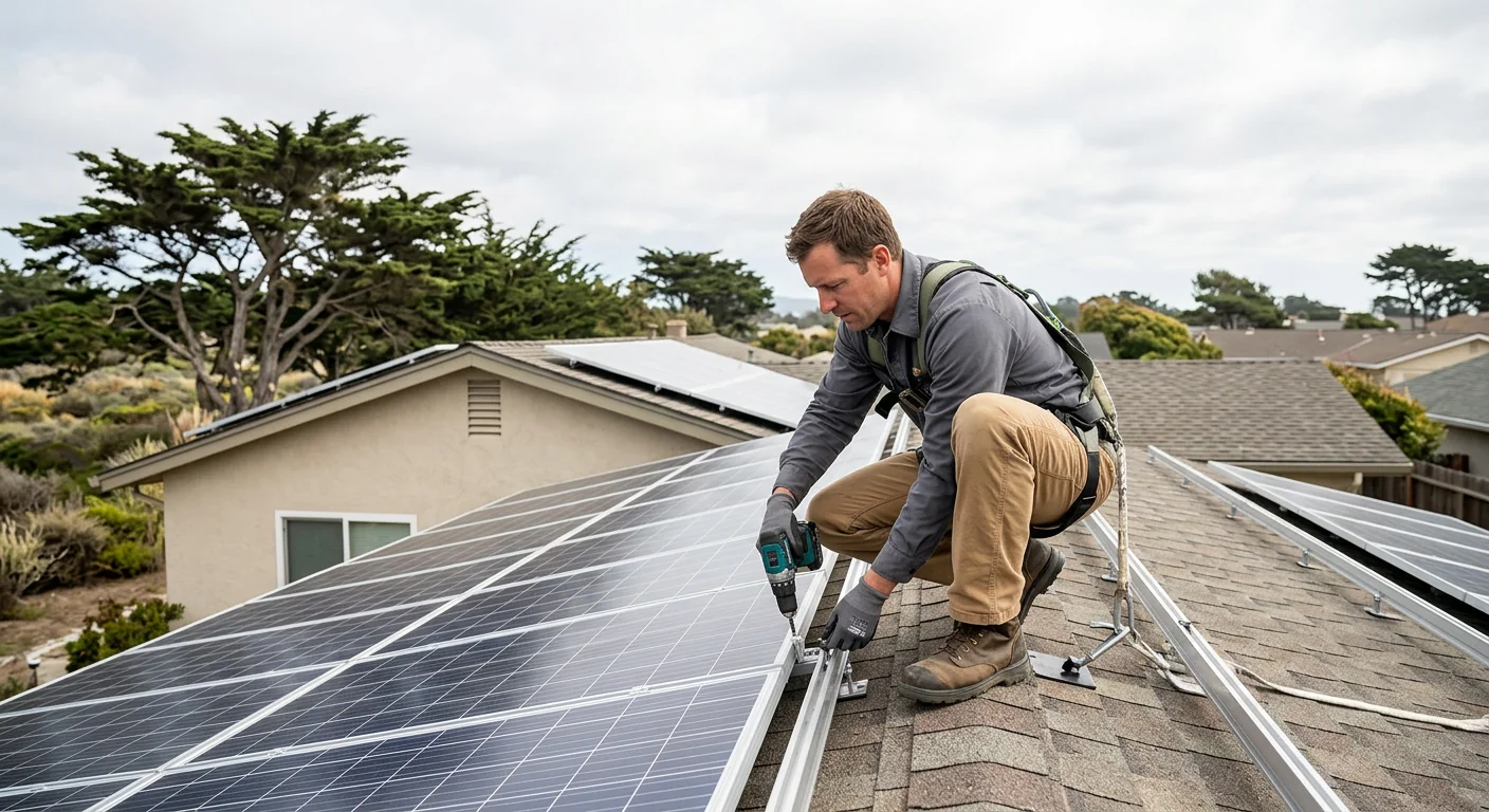 Technician inspecting a rooftop solar array during a Marina maintenance visit