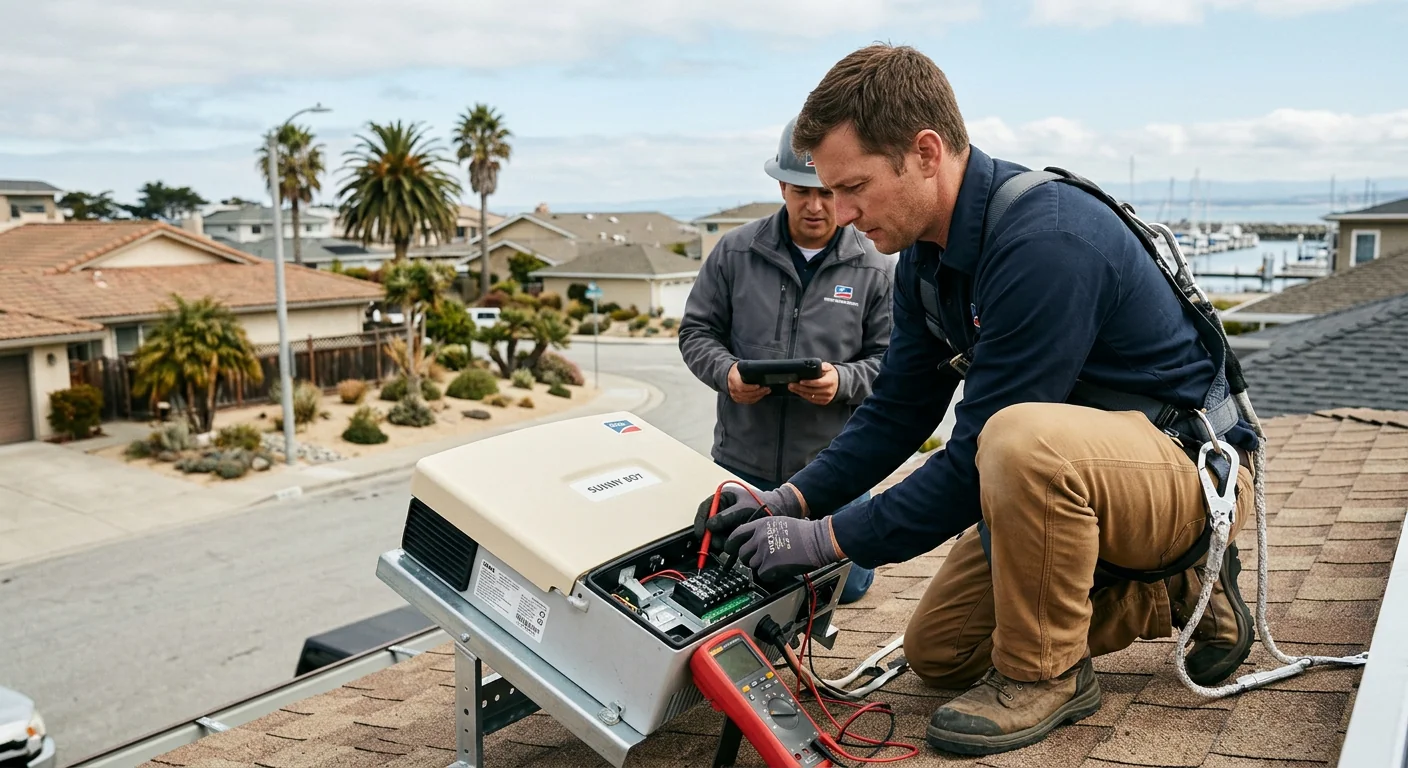 Technician testing a rooftop solar inverter with a meter at a Marina home
