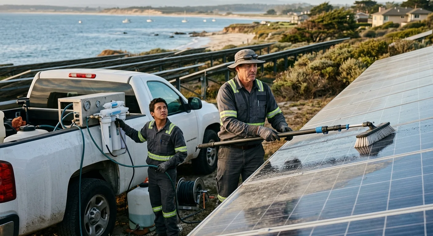 Coastal solar panels being cleaned of salt residue near the Marina shoreline