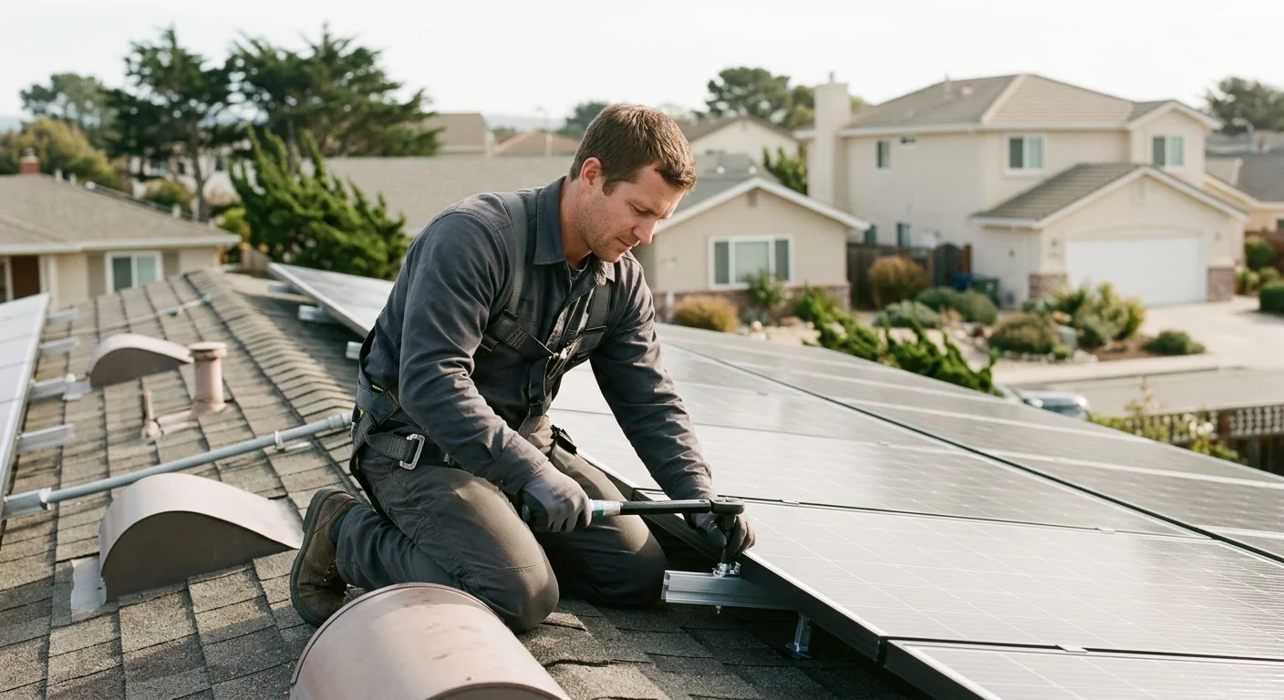 Torque wrench tightening loose solar racking bolts on a residential roof