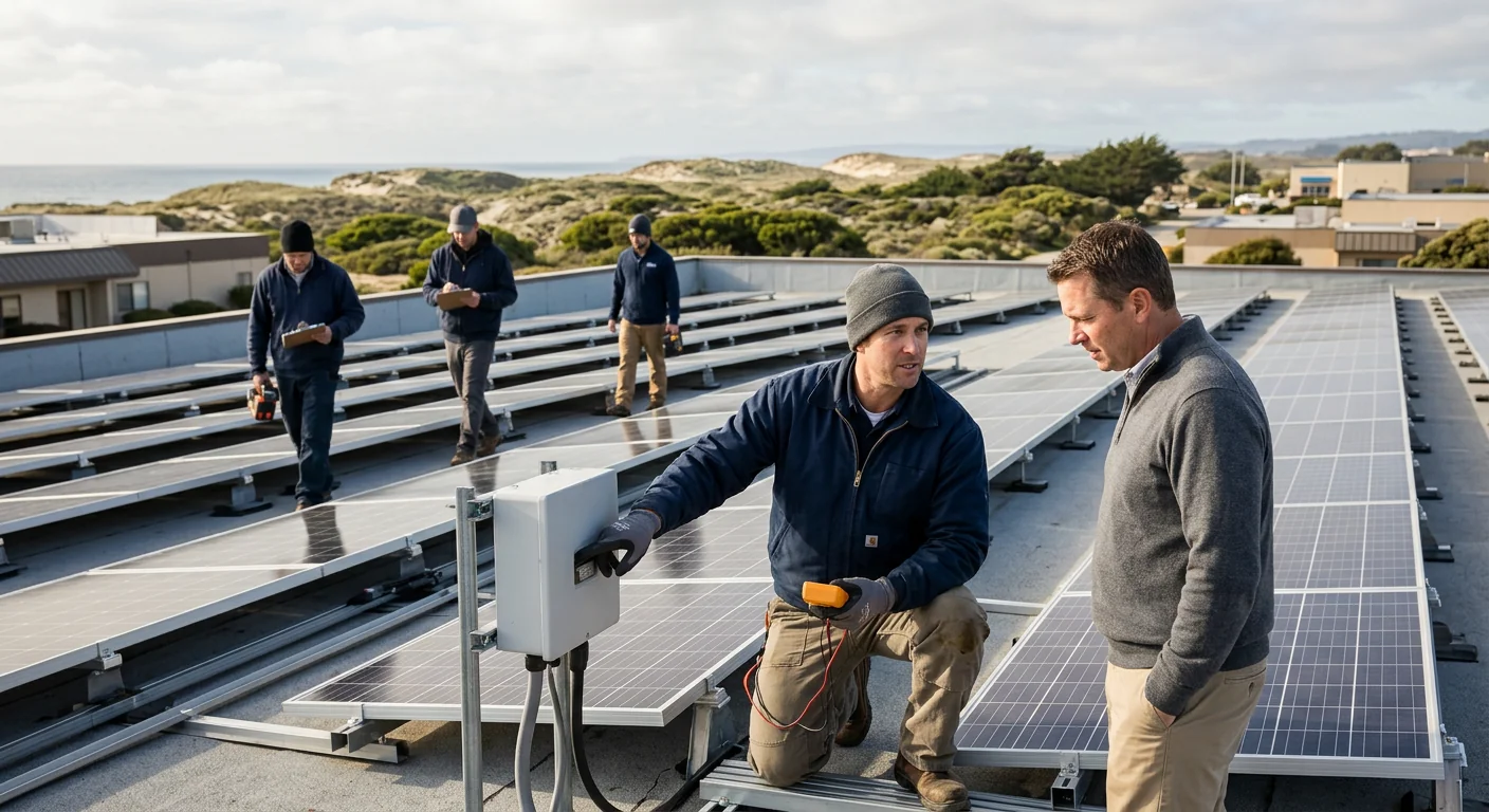 Wide view of a commercial rooftop solar array during a production inspection in Marina