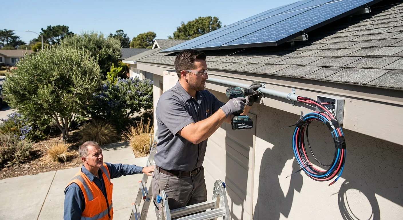 New solar DC wiring routed neatly through conduit along a roof edge