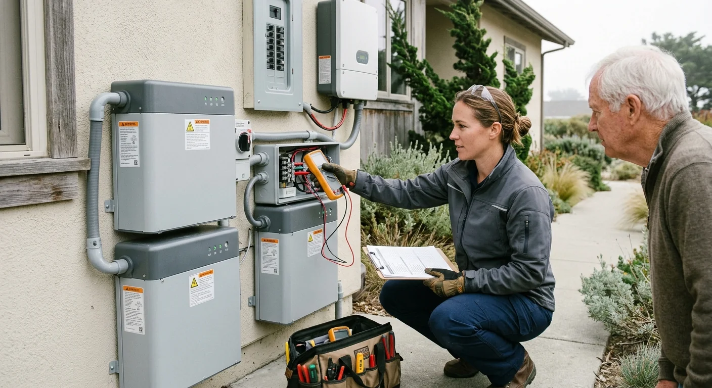 Home solar battery backup unit being inspected during a maintenance visit