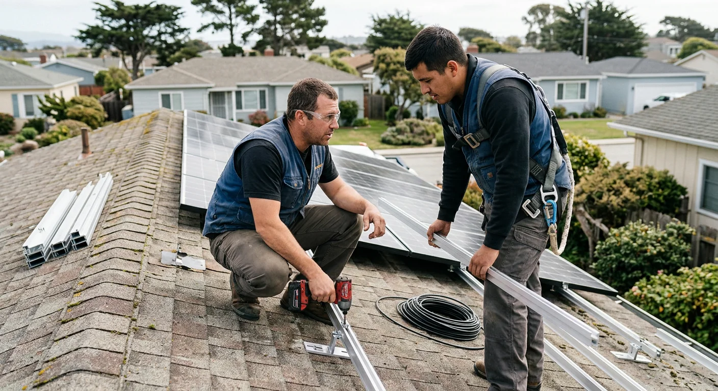 Solar technician servicing rooftop panels on a Marina home